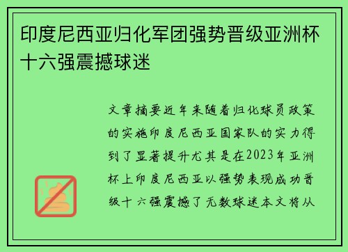 印度尼西亚归化军团强势晋级亚洲杯十六强震撼球迷 印度尼西亚归化军团强势晋级亚洲杯十六强震撼球迷