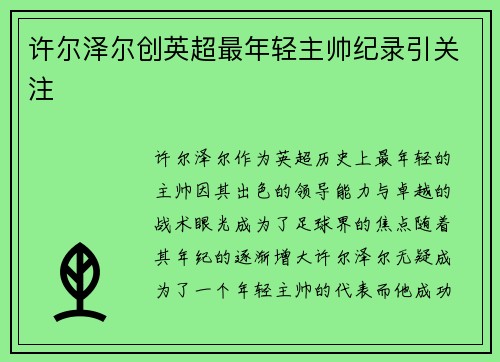 许尔泽尔创英超最年轻主帅纪录引关注